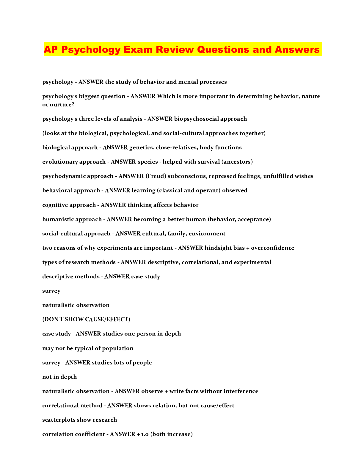 AP Psychology Exam Review Questions and Answers Browsegrades